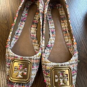 Tory Burch Colorful Tweed Flats with Gold Accent